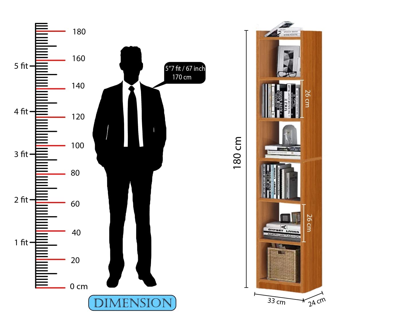 Junco 6 Layer Wood Bookshelf Decor Storage (Oak Brown)