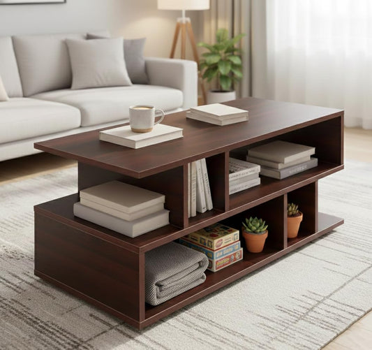 Junco Carya Engineered Wood Coffee Table (Walnut) | Living Room Center Table | 1 Surface Top and 2 Shelves | 90 x 40 x 38.8cm | Warranty Protected