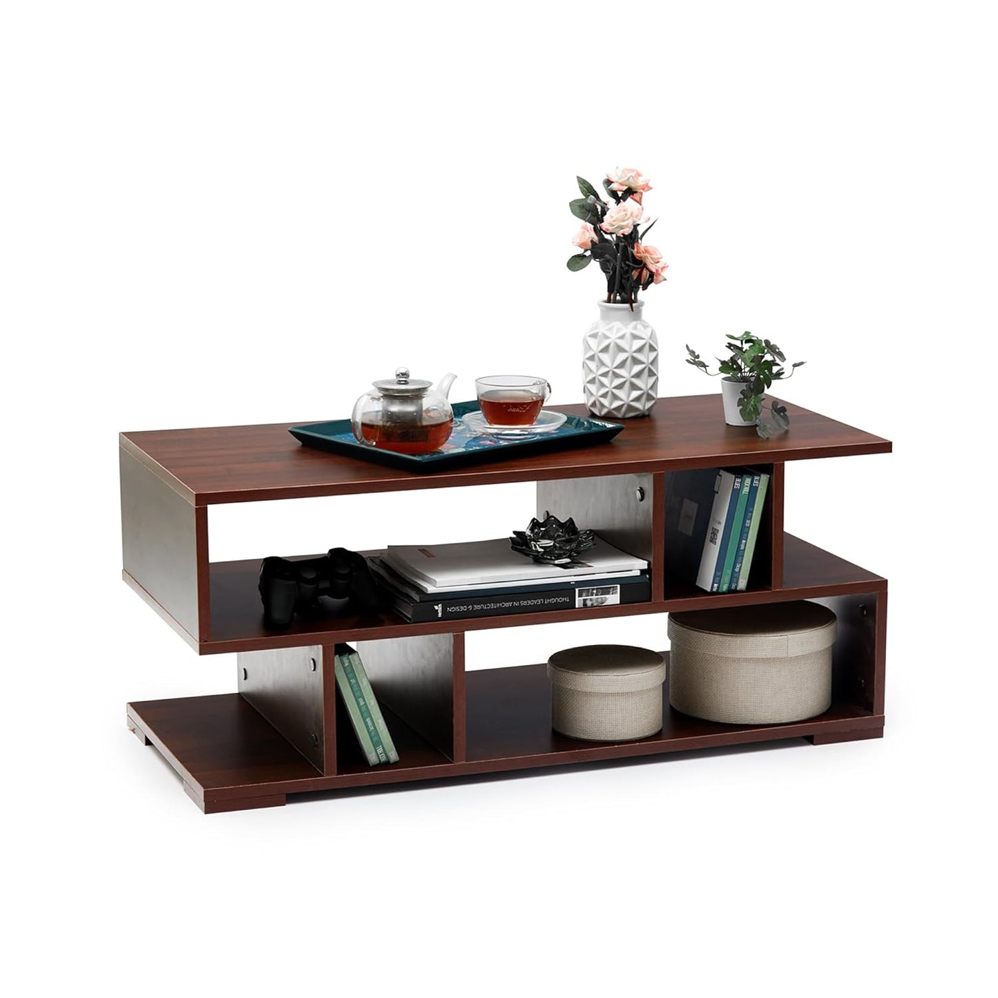 Junco Carya Engineered Wood Coffee Table (Walnut) | Living Room Center Table | 1 Surface Top and 2 Shelves | 90 x 40 x 38.8cm | Warranty Protected