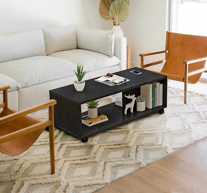 Junco Engineered Wood Center Table with Wheels Open Rack